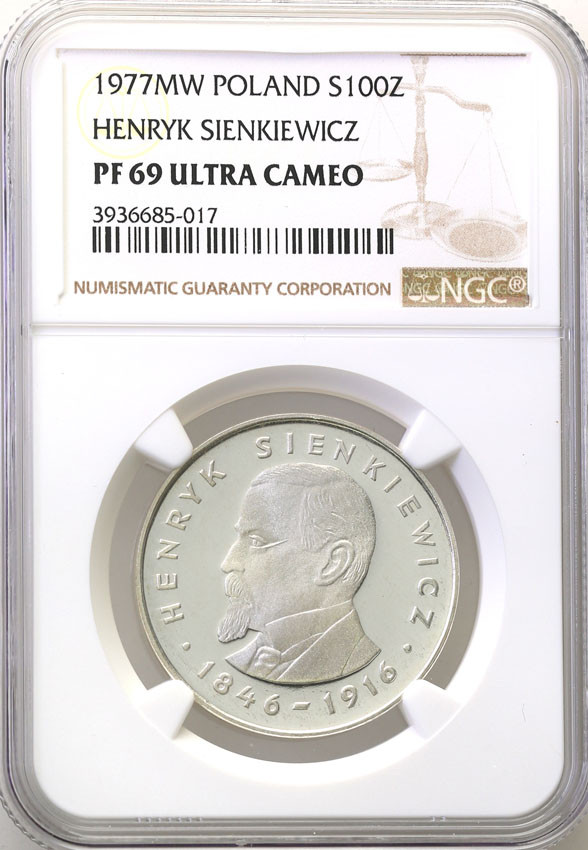 PRL. 100 złotych 1977 Henryk Sienkiewicz NGC PF69 ULTRA CAMEO (MAX)